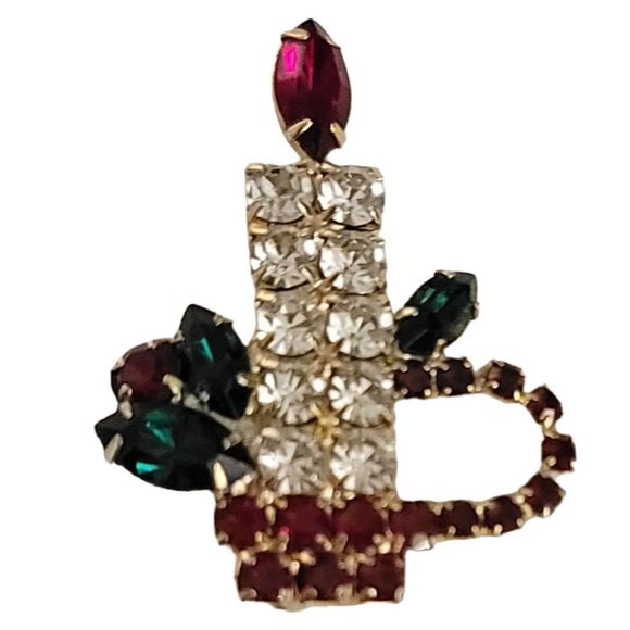 Gold Tone Red Clear Green Rhinestone Christmas Candle Brooch Pin K677 - Picture 8 of 8